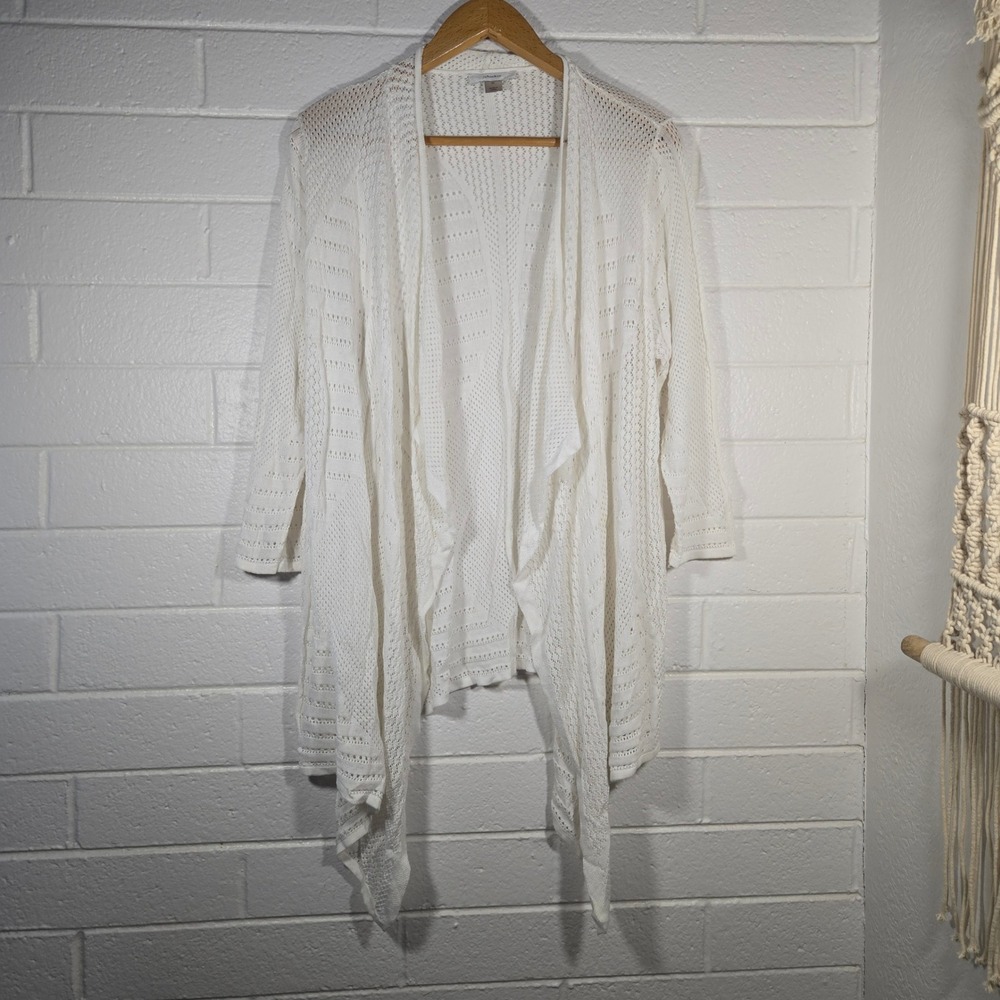 CJ Banks Cardigan 2X White Open Front Pointelle Knit Rayon Waterfall Wrap Hippie